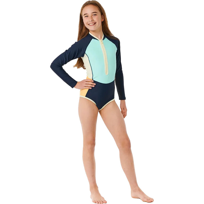 2024 Rip Curl Girls Block Party Long Sleeve Front Zip UV Surfsuit 12OGRV - Navy